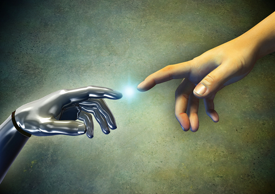 Human hand touching an android hand. Digital illustration.